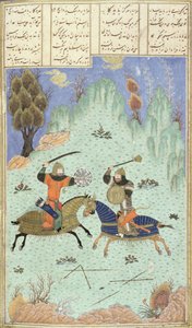 Bataille entre Rustam et Isfandiyar, illustration du Shahnama (Livre des Rois), par Abul-Qasim Manur Firdawsi (c.934-c.1020) c.1440-45